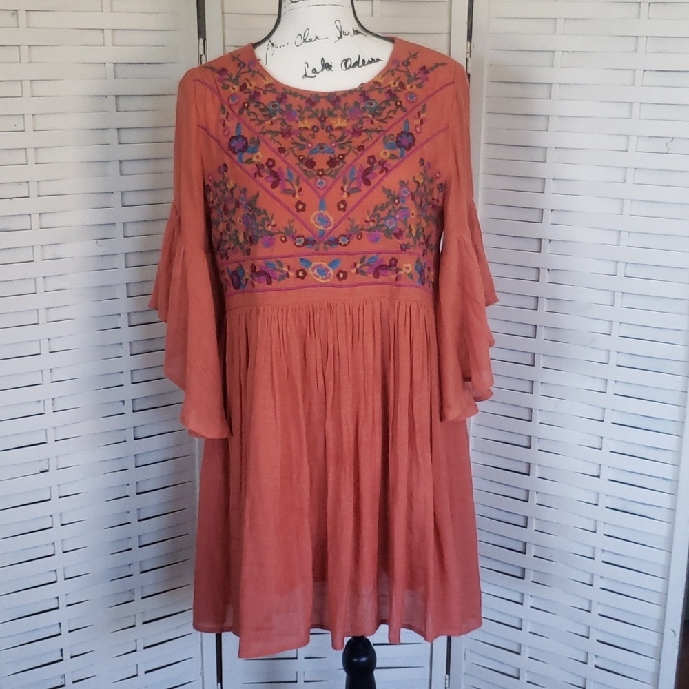 Umgee waterfall sleeves embroidery high waist woman dress orange burnt size S - Picture 1 of 7